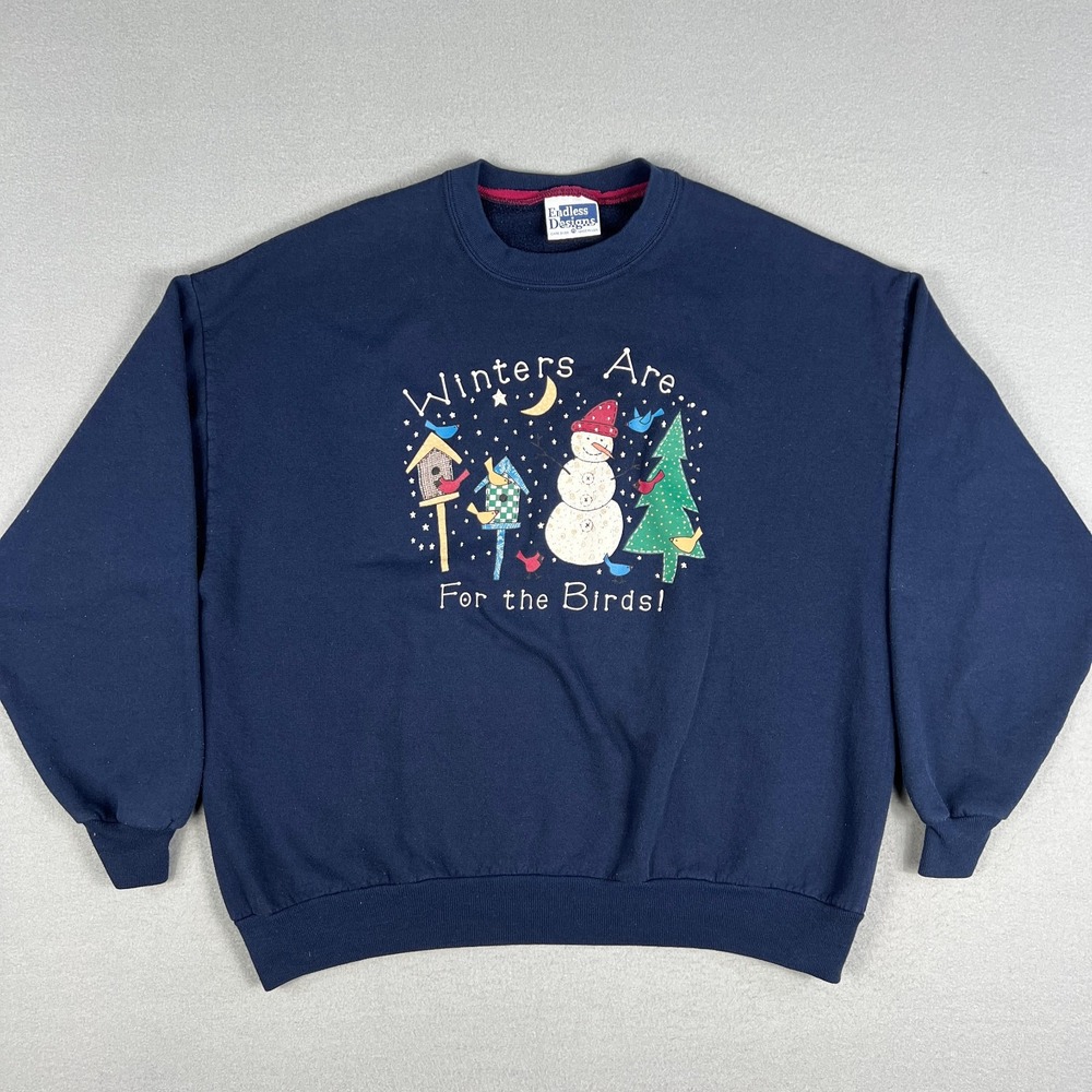 VTG Winters are‎ for the Birds Sweatshirt Fits 2XL Snowman Bird Houses Pine 90s